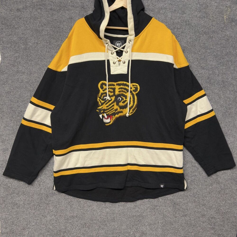 Boston Bruins Hoodie Mens 2XL Black NHL Hockey Lace Up Pullover '47 Bear Vintage